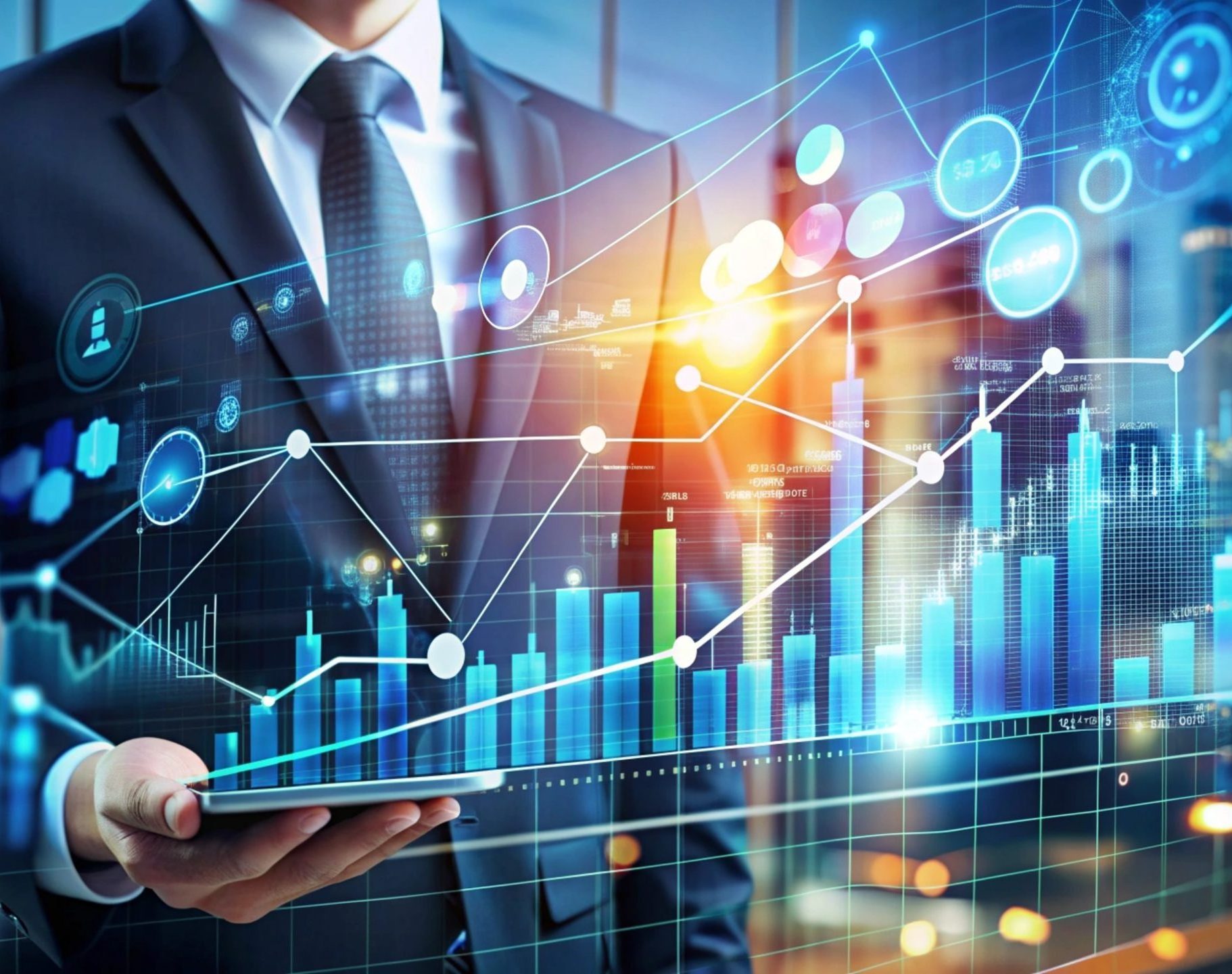 Businessman using tablet with digital graph overlay.